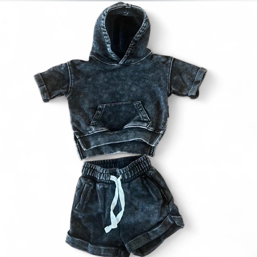 Little Bipsy. Two piece short sleeve shirt and short set. Washed charcoal 6-12M